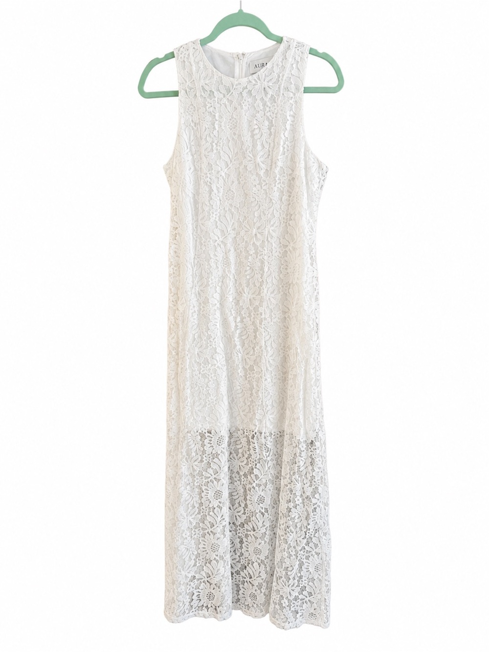 Aura White Lace Maxi Dress with Sheer Hem